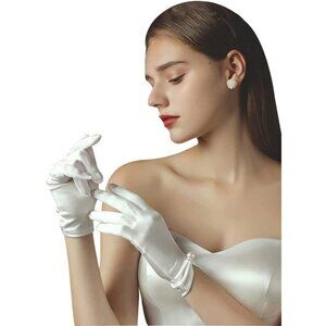 Women's Evening Lvory-Satin Tulle Short Lace Gloves Wrist Wedding Bridal Party